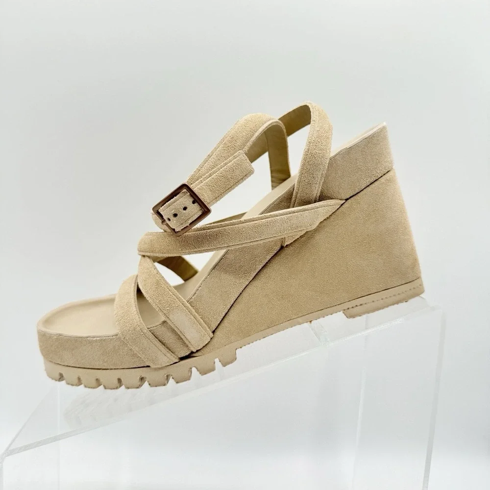 Pedro Garcia Jodie Suede Wedge Sandal Ankle Strap Heel Beige Size 35.5 5.5 $595